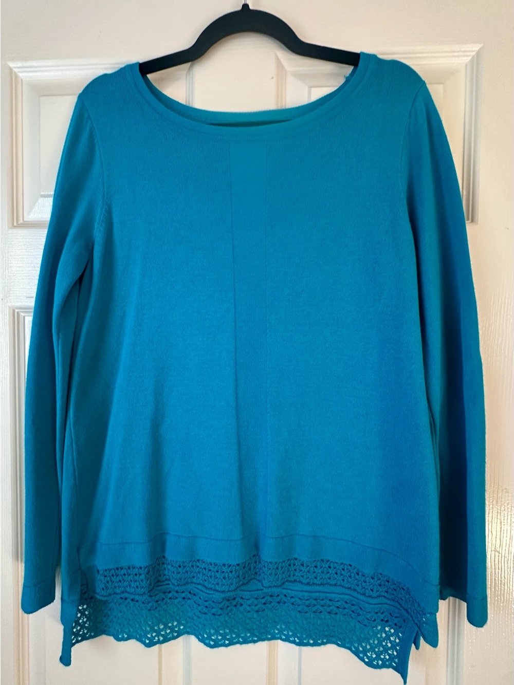 Cyrus Teal Long Sleeve Top with Crochet Hem Detail